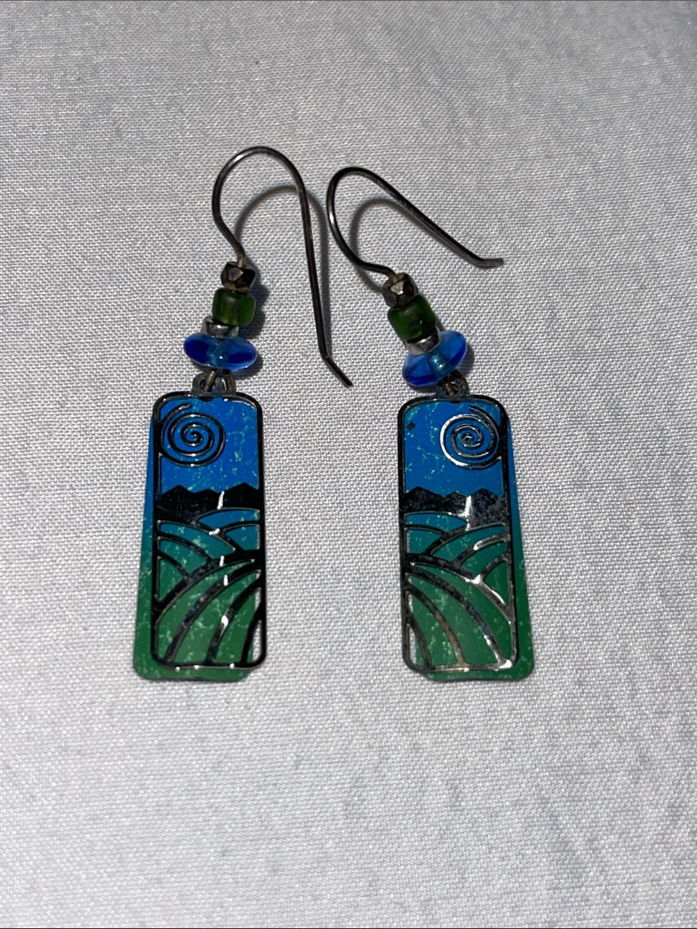 Adajio Green Valley & Blue Sky Enamel Dangle Earrings Boho Artisan